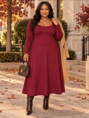 Rachel Parcell Burgundy Knit Fit & Flare Midi Sweater Dress XL Holiday
